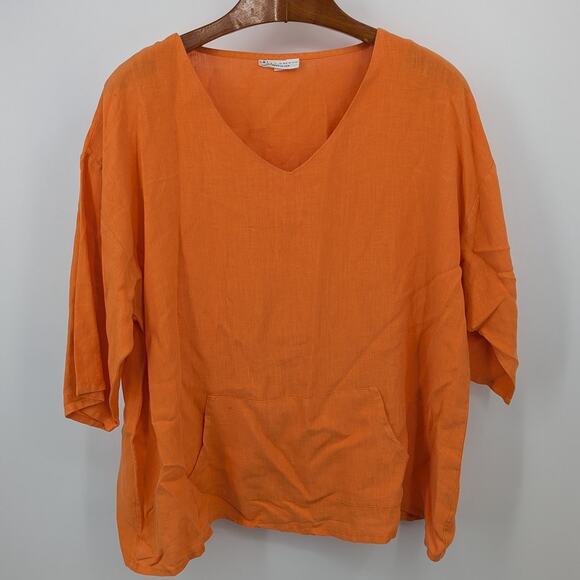 100% Linen Byrn Walker Orange Made in USA XL Top 3/4 Sleeve Pocket Art Loud 90s - Picture 1 of 6